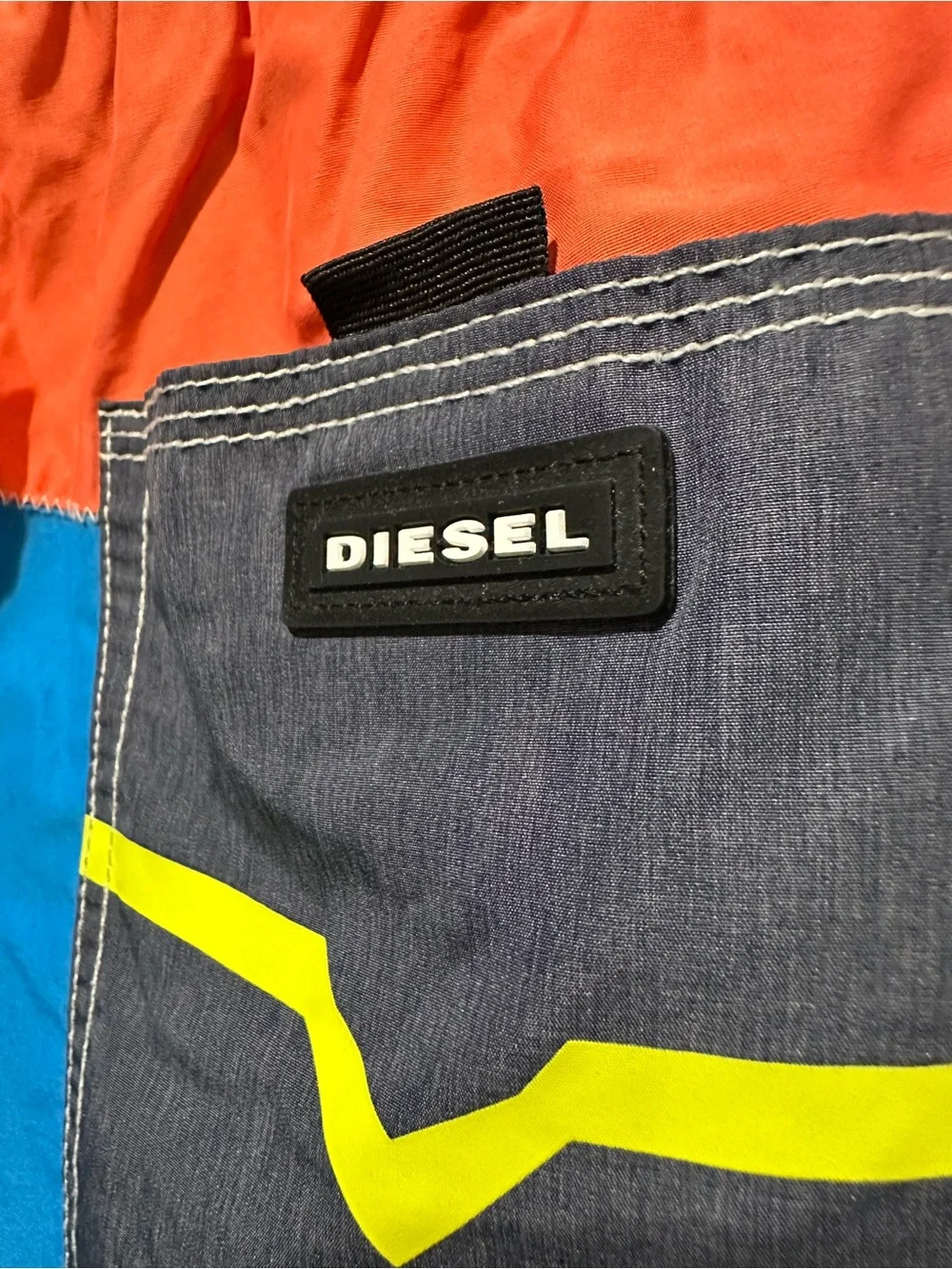 Diesel Colorblock Swim Shorts in Blue, Coral, Navy with Yellow Drawstring